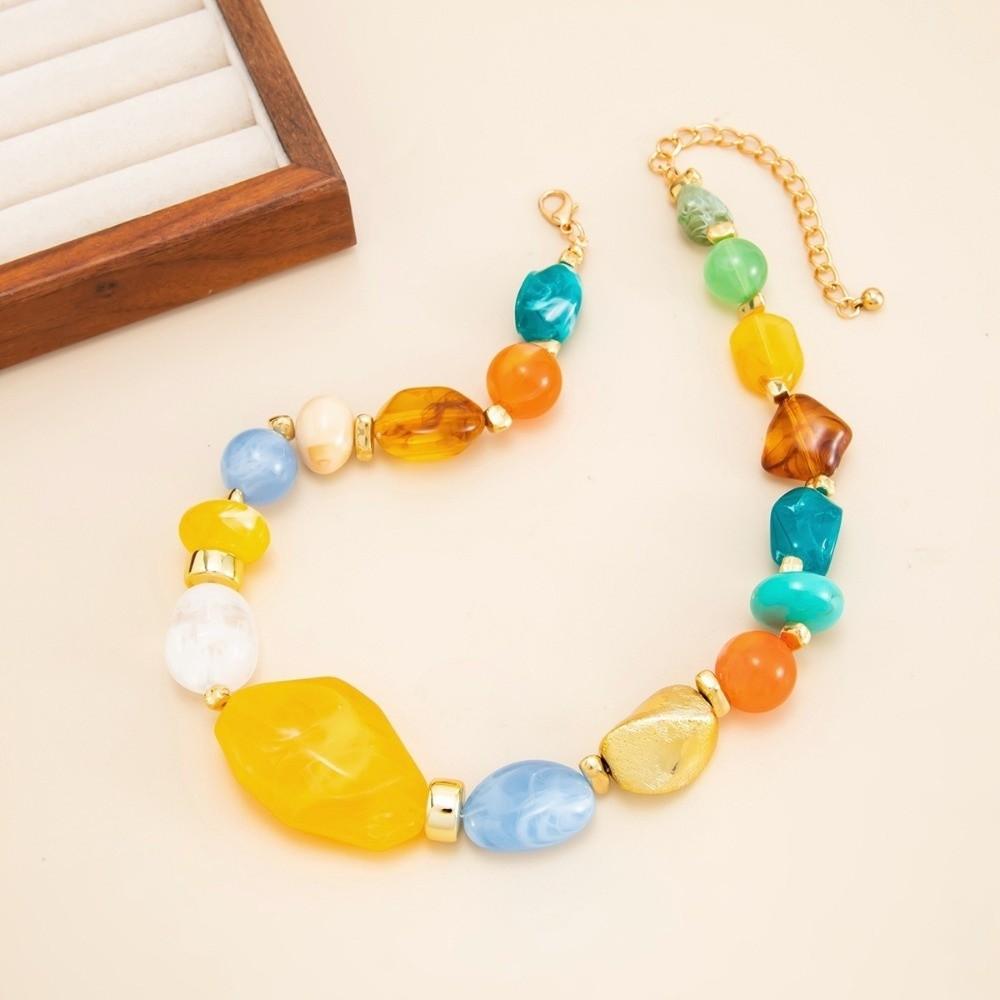 Irregular Shape Resin Beaded Necklace Maillard Style Colorful Resin Necklace Gift Giving