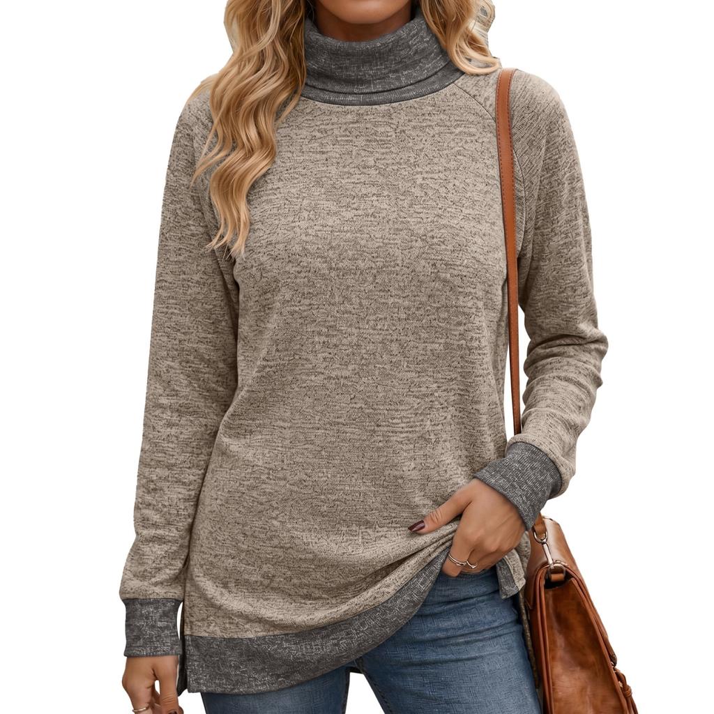Women's Color High Neck Long Sleeve Loose Fit T-Shirt with Side Slit