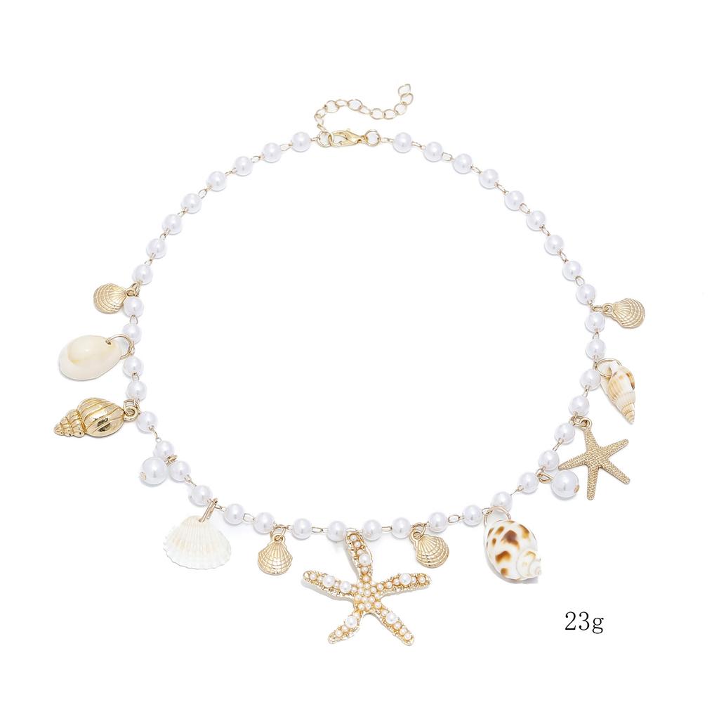Single-piece beach seashell necklace, faux pearl, starfish, and conch elegant jewelry, suitable for beach vacations and parties.