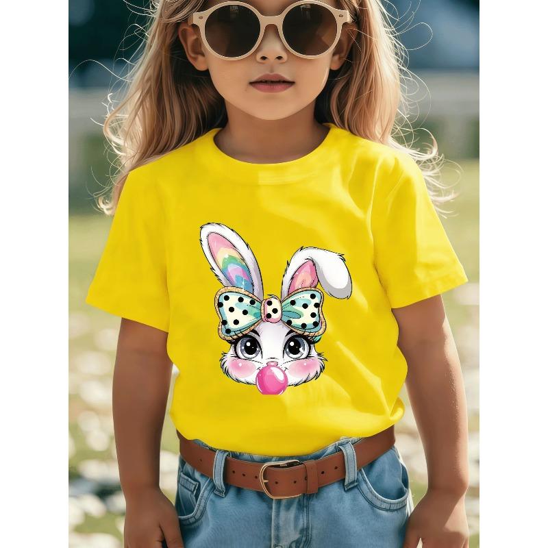 European Size Childrens Round-neck Short-sleeved T-shirt with Rabbit Pattern Print