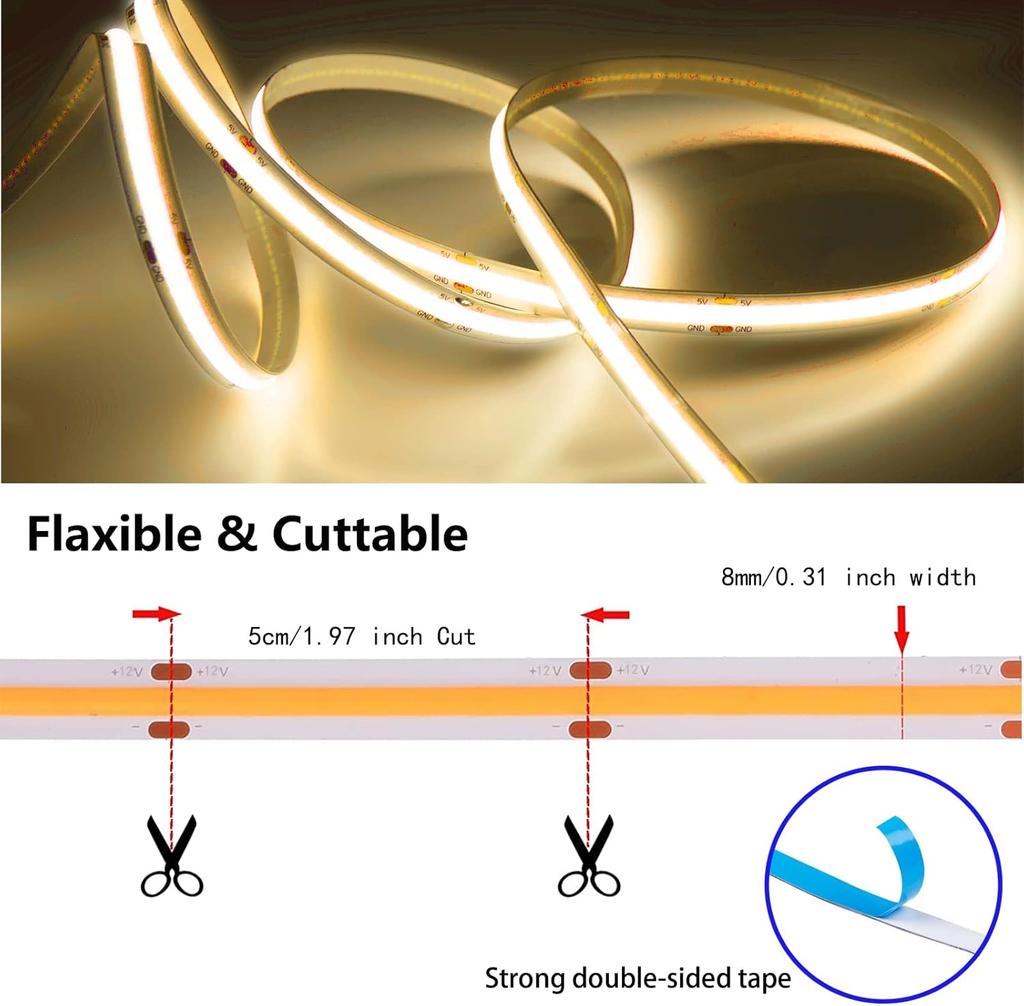 5V USB COB LED Strip Light Warm Cool White 320 LEDs Flexible Ribbon DC Night Lamp TV Backlight Home Decor