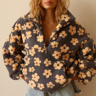 Herbst Neuer Stil Modischer Faux Lammfell Bedruckter Lockerer Reißverschluss Pullover Langärmeliges Oberteil