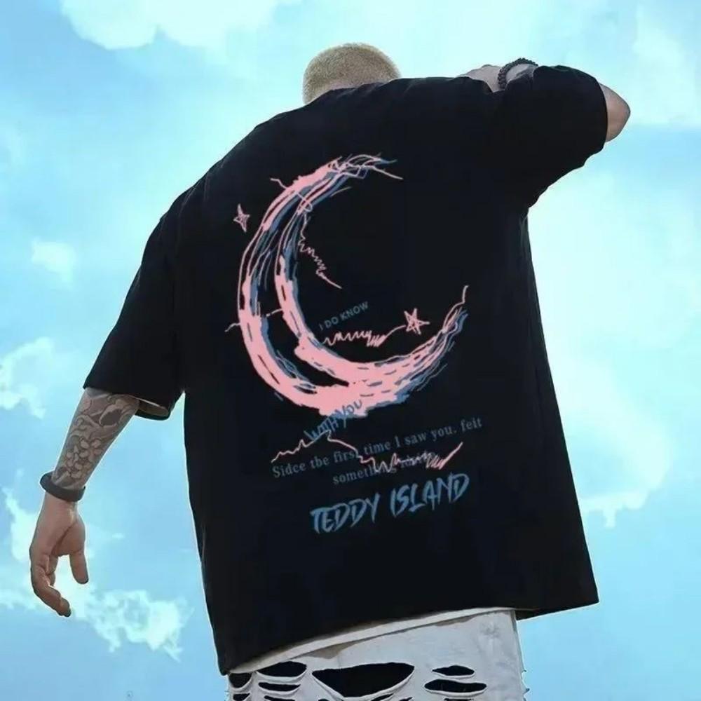 Neues 2025 Trendiges Herren Mond Stern Bedrucktes Kurzarm-Top Outdoor Stadt Europäisch und Amerikanisch High Street Atmungsaktives T-Shirt