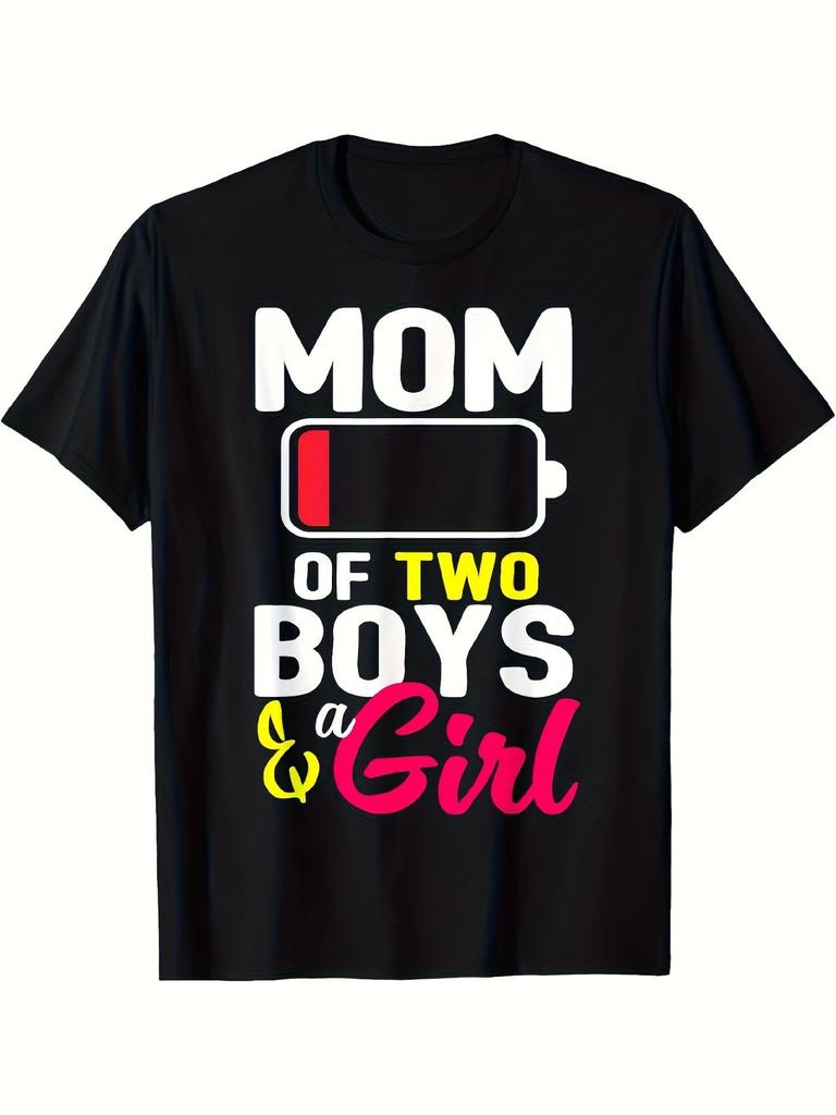 MOM OF TWO BOYS & Girl T-Shirt - Stylish Black Crew Neck Tee with Colorful Bold Lettering, Casual Short Sleeve Design, Great Gift for Trendy Moms