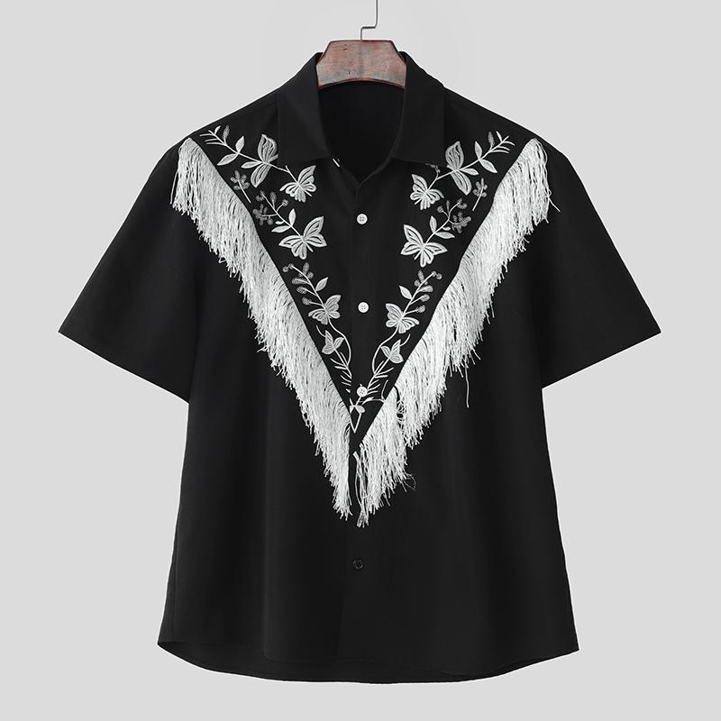 

INCERUN Men Summer Lapel Neck Sleeveless Embroidery Tassel Casual Shirts L чёрный