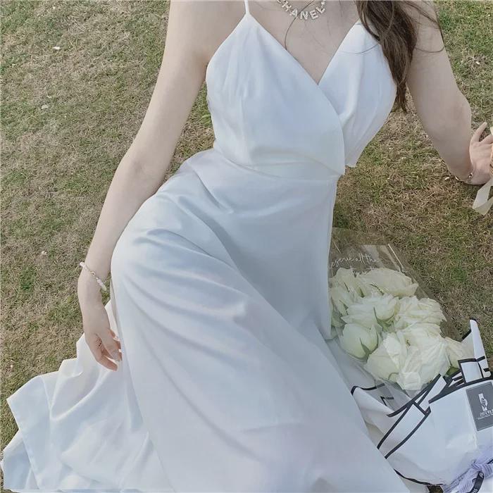 Stylish Backless V-Neck Summer Dress with Lined Skirt In Trendy White.