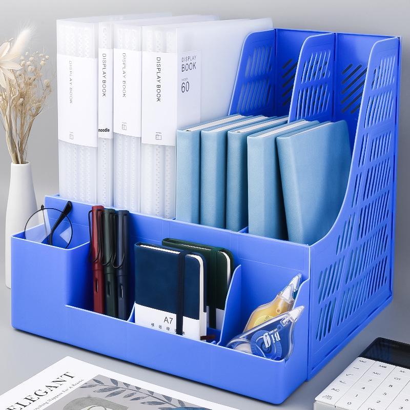Four-compartment file organizer, office supply storage rack, student bookshelf, desktop stationery holder, A4 size.