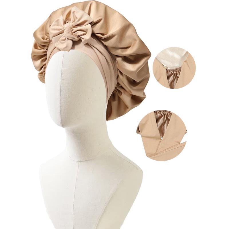 Satin Nightcap with Ribbon Bowknot, Double-Sided Silk Hair Cap, Leopard Print
