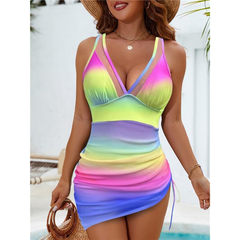 Sexy Deep V Neck Swimsuit with Sheer Mesh Insets Side Drawstring Adjustable Detachable Cup Women's Slim Fit One Piece Swimwear