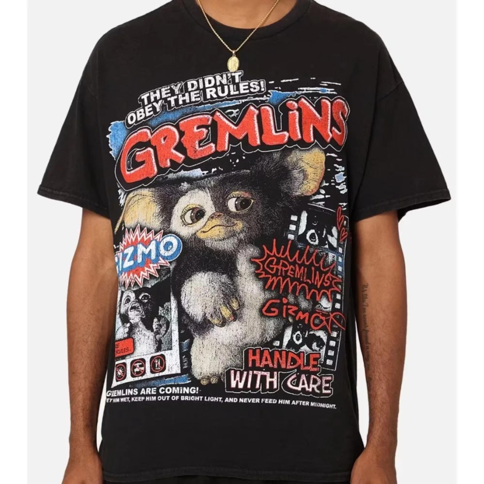 

man clothing 100%Cotton normcore Tshirt Gremlins print American retro Streetwear Fashion unisex Oversized women s Casual shir... S разноцветный