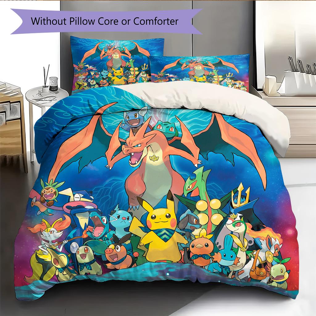 Pokémon Pattern Bedding Home Decoration Birthday Gift (1 * Duvet Cover + 2 * Pillowcase, Without Core)