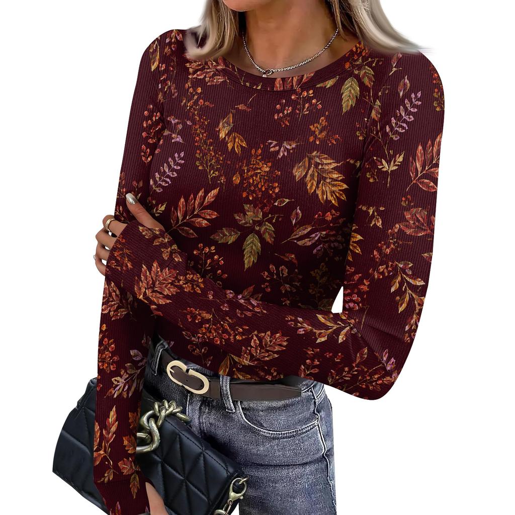 Women's Slim Fit Long Sleeve Neck T-Shirt with Leaf Print and Thumb Holes for Casual Everyday Wear