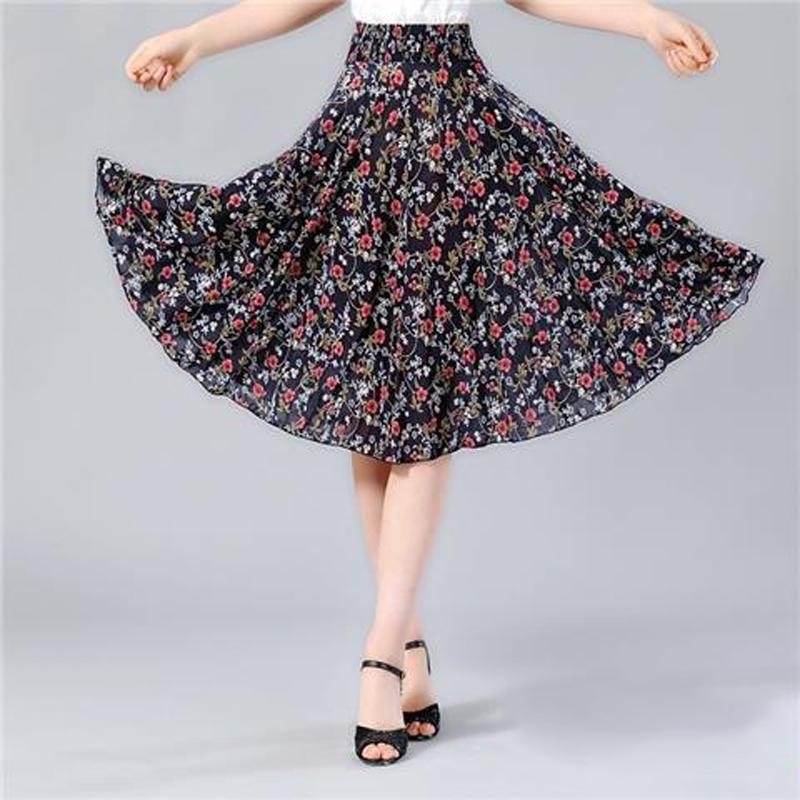 Fuste cu flori de lungime mijlocie de vară cu talie elastică femei lejer casual din șifon din mătase de gheață rochie de plajă pentru femei