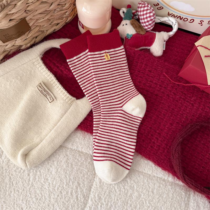 Wool Socks Striped Red Socks Thickening Warm Cashmere Accessories New Year'S Stack Socks