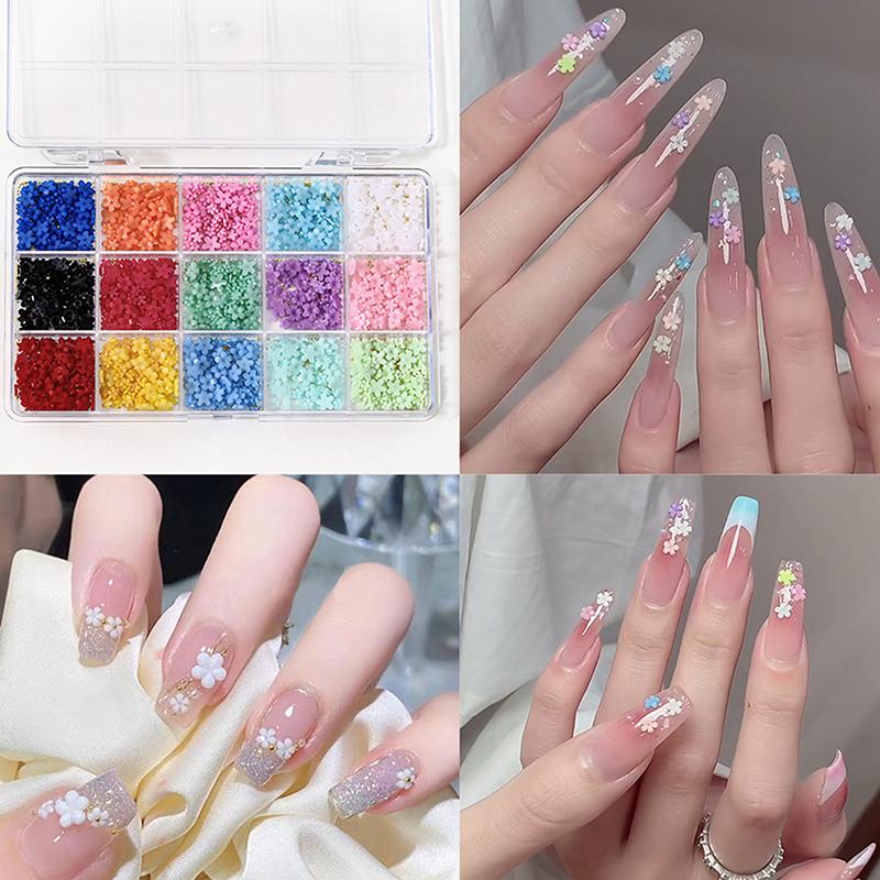 12/15 Grids 3D Flower Nail Art Decoration Colorful Resin 5-Petal Flower Nail Charms Luxury Rhinestones Manicure DIY Accessories