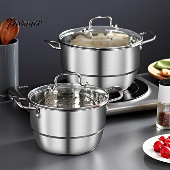 Double Handle Stockpot Stainless Steel Soup Pot with Steaming Sheet, Large Capacity Durable Cookware Dual Stockpot, Anti-Scalding Cooking for