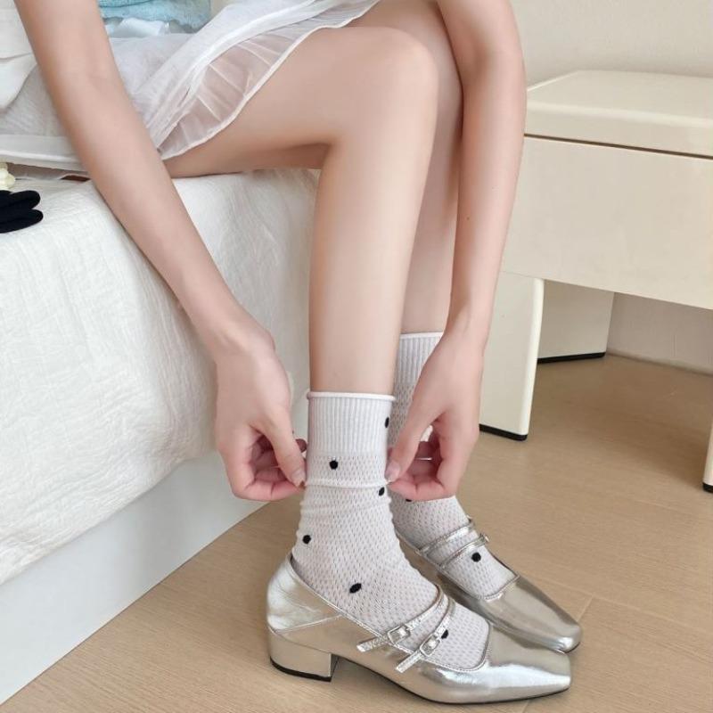 Polka Dot Socks, Women's Mid-calf Socks, Trendy Summer Thin Cotton Student Mesh Breathable Rolled-up Long Socks