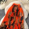 Spring Summer Women Elegant Vintage Print Elastic Waist Long Maxi Pleated Skirt Only Have One Size