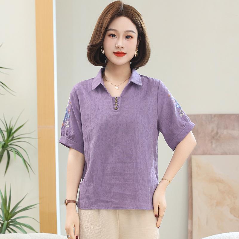Mom s Summer Short-Sleeve Cotton-Linen Top for Middle-Aged Women 5XL (For 150-165 jin)