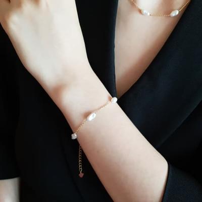 Women's 925 Silver 15K Plated Pearl Freshwater Long Simple Bracelet