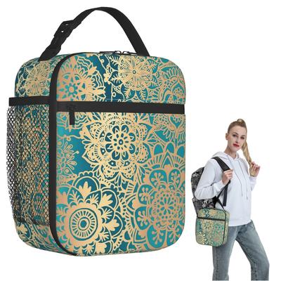Green Bohemian Mandala Insulated Lunch Bag for Women Children Leakproof Food Boxes Thermal Lunch Box Tote