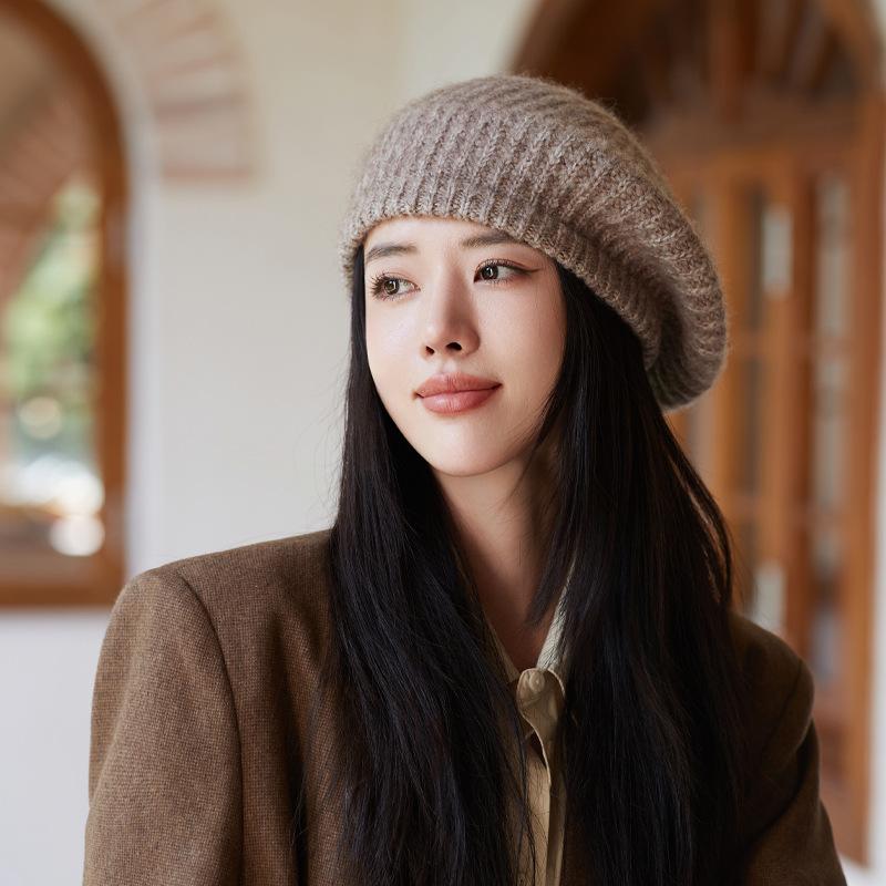 Hat Female Rabbit Fur Knitted Warm Wool Hat Solid Color Versatile Beret Literary and Retro Painter Hat
