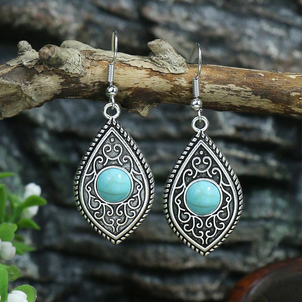 Ethnic Vintage Blue Beads Waterdrop Round Earrings for Women Boho Creative Geometric Silver Color Dangle Earrings Jhumka Jewelry