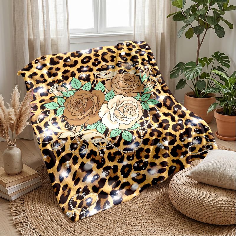 Leopard Roses Heart Theme blanket Lightweight Warm Flannel Blanket Decorative Throw Blanket for Home Decoration