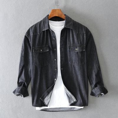 Men's Spring Loose Casual Denim Shirt Youth Autumn Solid Color Plus Size Lapel Jacket