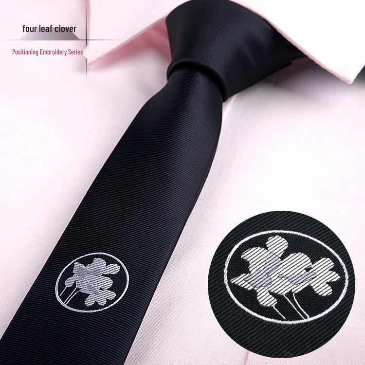 Trendy Black Narrow Tie with Floral Embroidery