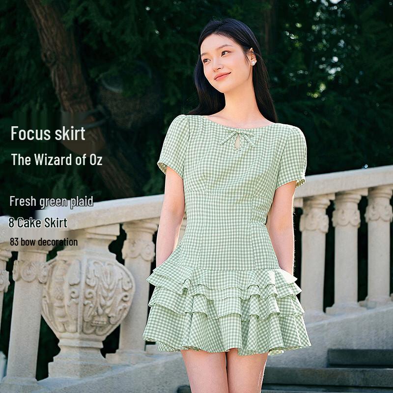 Ledin 3D Bow Plaid Tiered Short Sleeve Dress S