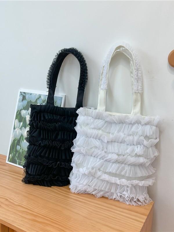 Korean Woman Bag Purse With Pleated Mesh And Satin Shoulder Strap For Daily Use