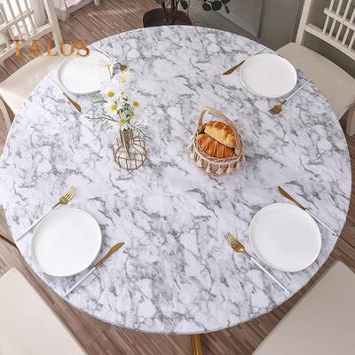 Round Table Cover Waterproof Tablecloth with Elastic Edges Marble Pattern Fitted Table Cover for Home Dinner Party Decoration Table Protection