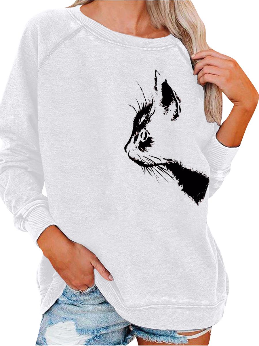 

Женский свитшот весна/осень, женский модный топ с принтом кошки, свитшот-пуловер оверсайз S белый