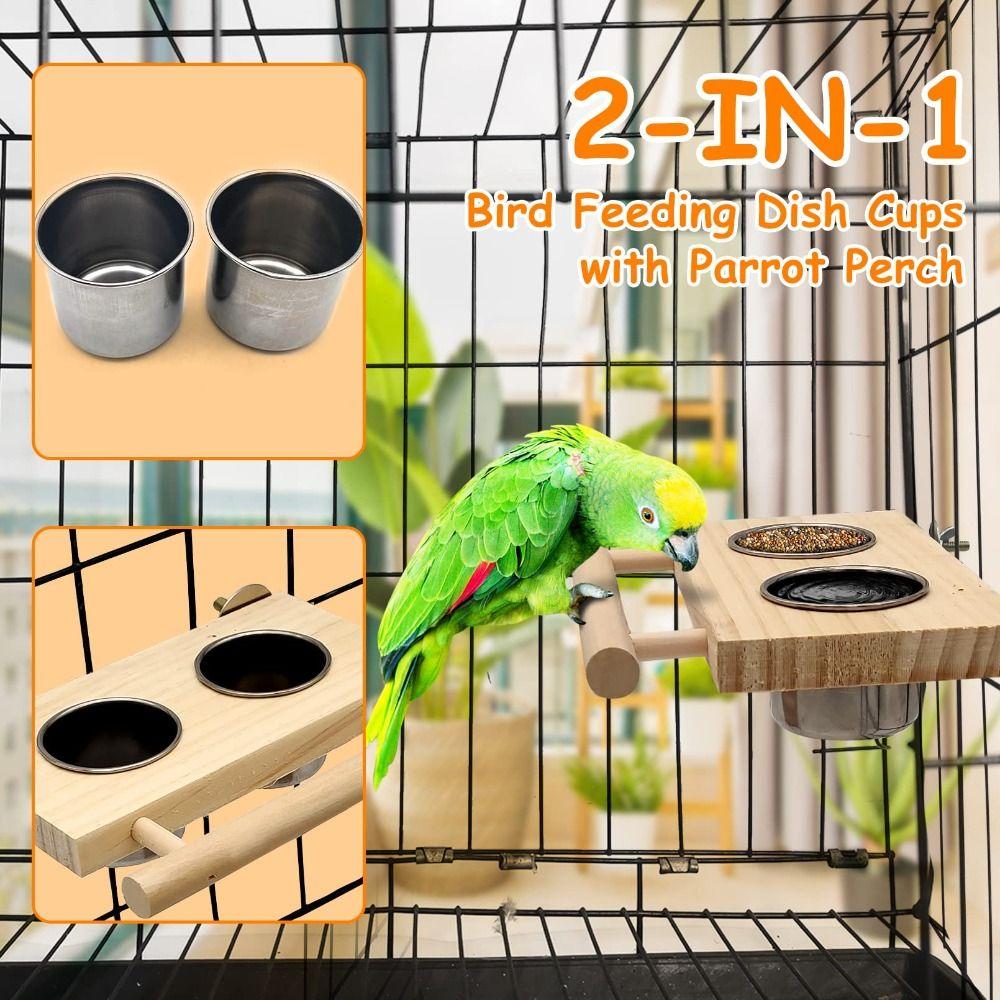 Wooden Perch Stand Hanging Feeder Bowls 2 in 1 Bird Food Cups Bird Feeding Dish Cups  Budgie