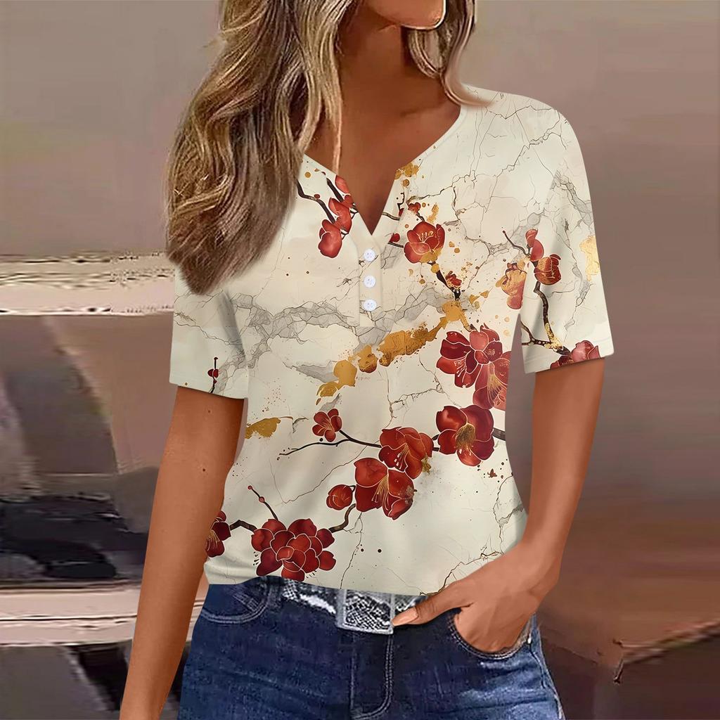 Women's T Shirt Print Button Short Sleeve Daily Weekend Fashion Basic V- Neck Regular Top