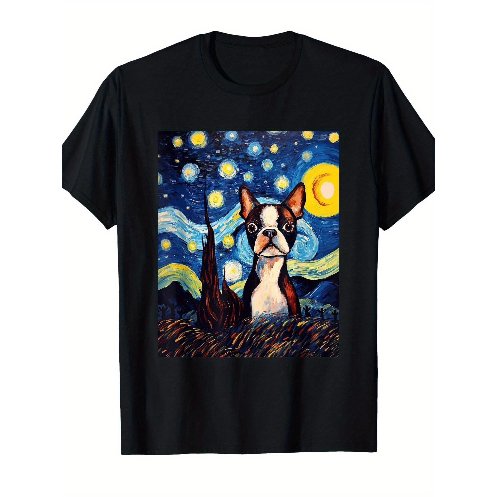 

Boston Terrier Starry Night Van Gogh Art Graphic Tee Unisex Casual Crew Neck Short Sleeve T-Shirt - Men s Summer Cotton Graph... S разноцветный