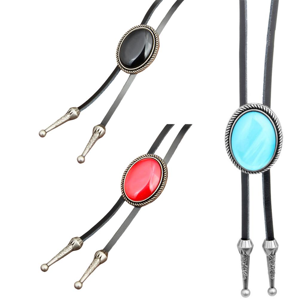 Unisex Vintage Oval Shape Stone Pendant Bolo Tie Western Faux Leather Rope Necktie Jewelry Shirt Collar Chain Necklace