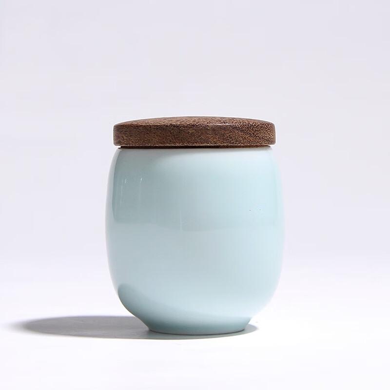 Small Celadon Ceramic Tea Caddy with Wooden Lid