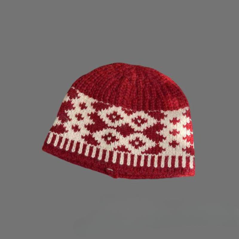 Retro, Diamond Grid Knitted Woolen Hat, Women, Winter, Big Head Circumference, Small Face, Warm and Cold Proof, Hooded Hat, Winter Warm Hat