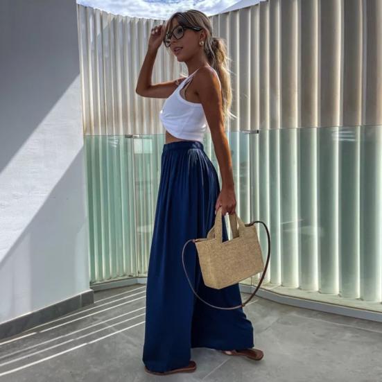 Женские повседневные брюки со средней посадкой и эластичной резинкой на талии, широкие брюки, однотонные спортивные свободные брюки длиной до пола, летние брюки