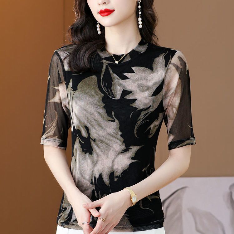 Modne drukowane siateczkowe koszulki z krótkim rękawem, okrągłym dekoltem, wykończona koszula damska, z pół rękawami, rozciągliwa, cienka lodowa jedwabna koszulka M-4XL