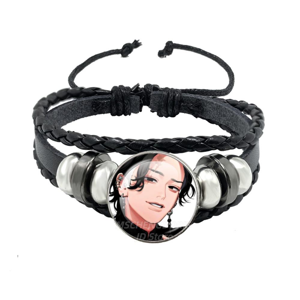 Manga Gokurakugai Cartoon Character Glass Cabochon Black Leather Bangle Bracelet Jewelry Charm Fans Gift MS013