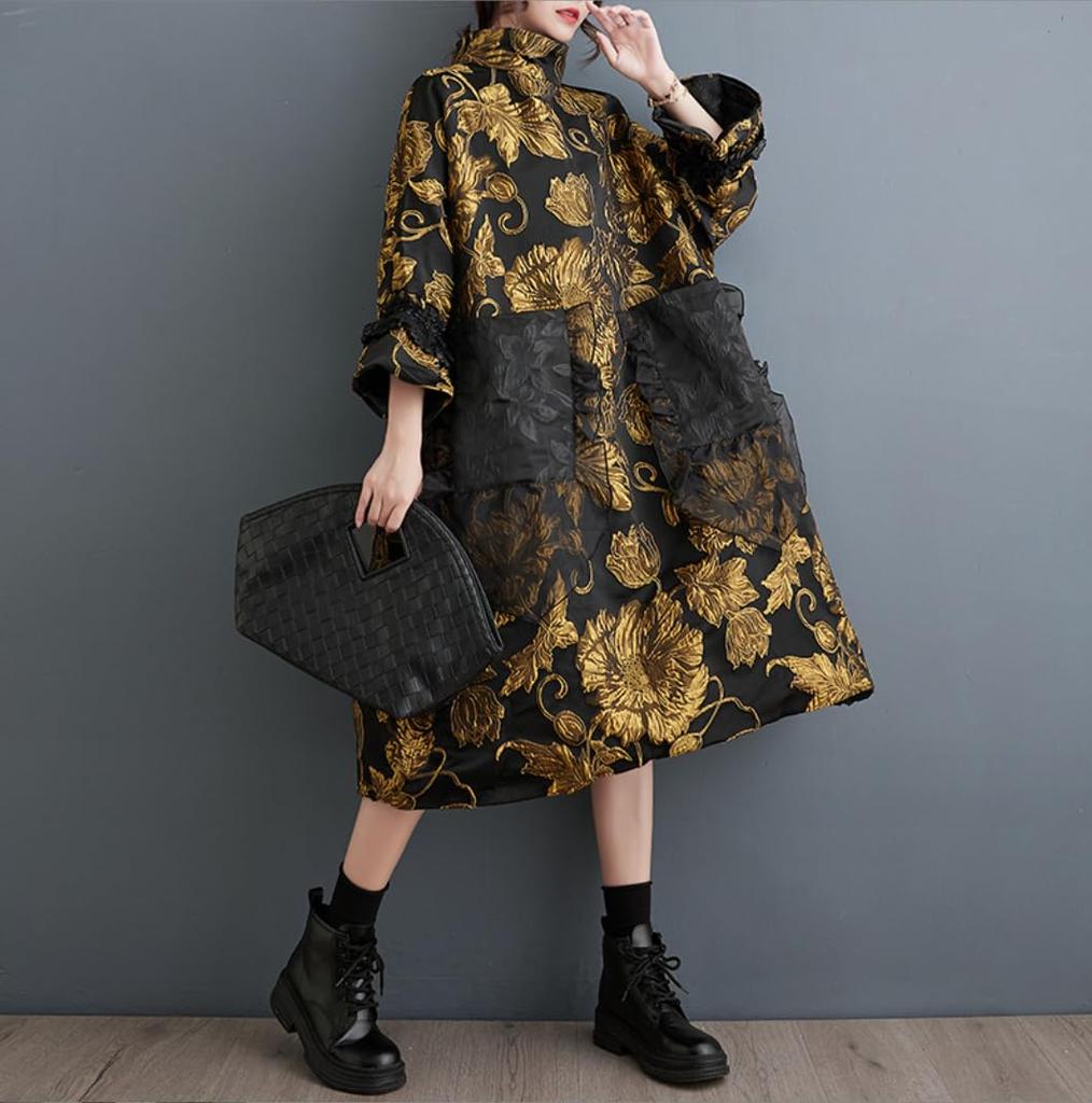 Lady A Jacquard Dress with Gold Embroidery and In Lazy Trendy, 5/8-sleeve, High-neck, Knee-length Black.