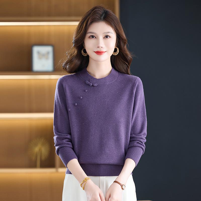 Autumn Winter Chinese Retro Cheongsam Collar Thick Knit Sweater – Fashionable Women's Pullover
