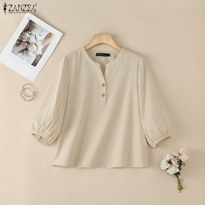 ZANZEA Women Casual V-Neck Solid Color 3/4 Sleeve Blouse