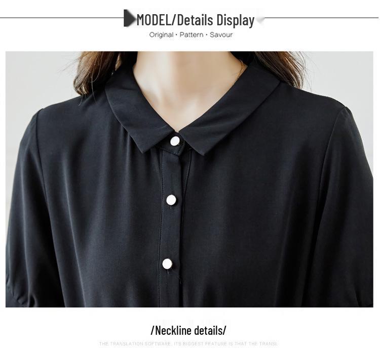 Hepburn-Style Black Chiffon Shirt Dress - Slimming Waist, Elegant Long Skirt for Women