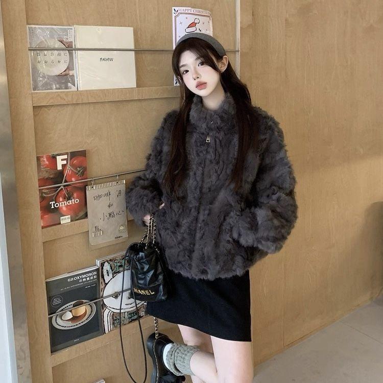 New lamb wool coat women's environmentally friendly fur loose and thickened short stand-up collar coat in winter with cotton to keep warm