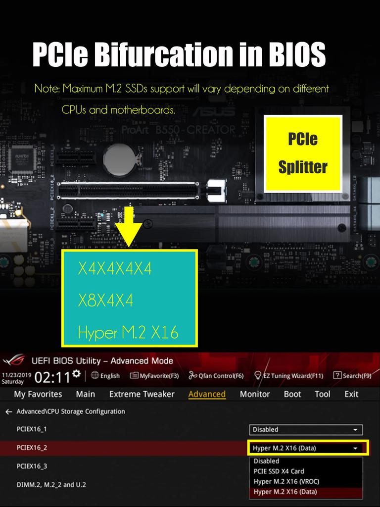 GLOTRENDS PA41 NVMe do PCIe X16 Rozszerzenie Brak funkcji Bifurkacji PCIe musi obsługiwać Bifurkację PCIe Obsługuje dyski SSD NVMe Kompatybilny z Rozmiarami 4-portowy