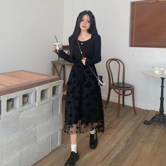2025 Slimming Black Mesh Floral Square Neck Two-Piece Effect Dress for Early Autumn/Spring Women Medium чёрный